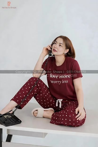 Love More Maroon Printed Night Suit