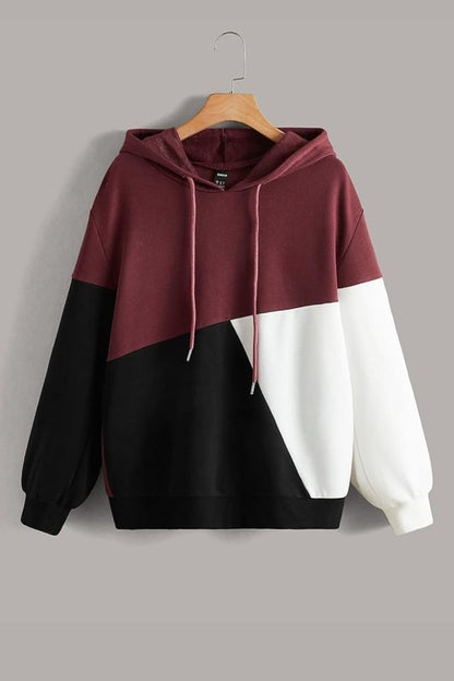Maroon Black and White Cut and Sew Kangaroo Hoodie