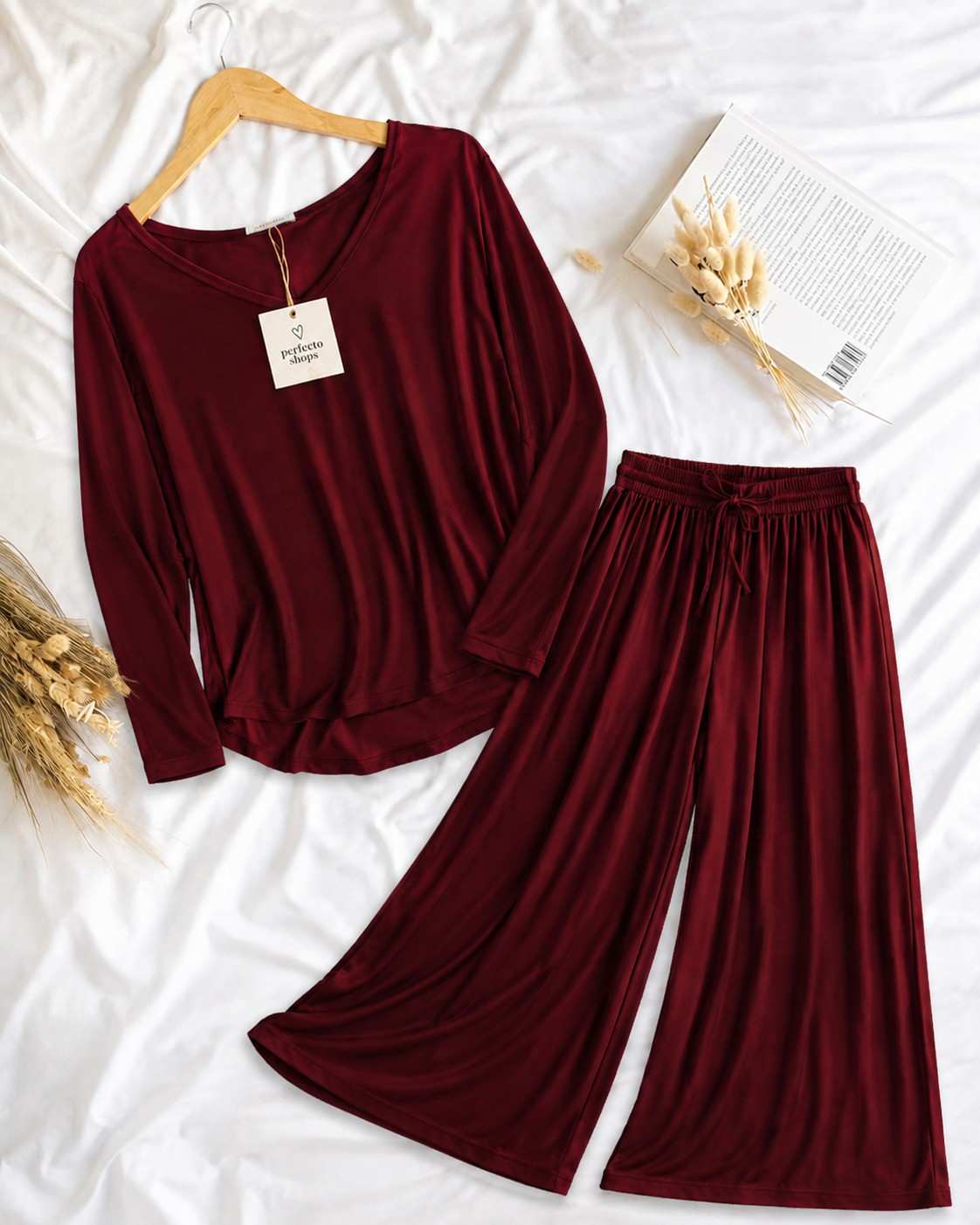 Maroon Elegant Loose Shirt Plazo Pajama PJ Set