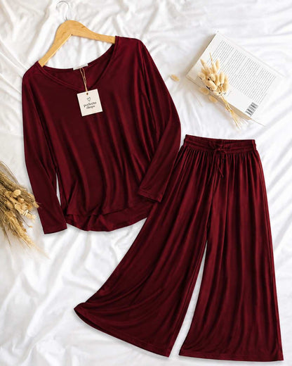 Maroon Elegant Loose Shirt Plazo Pajama PJ Set