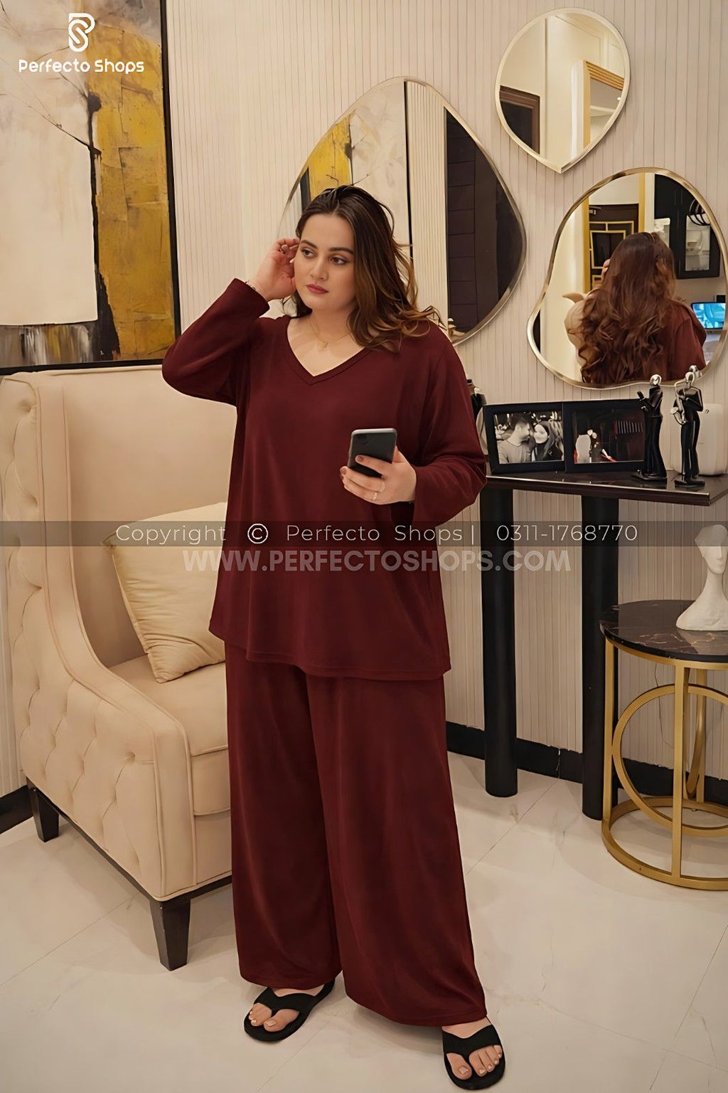 Maroon Elegant Loose Shirt Plazo Pajama PJ Set