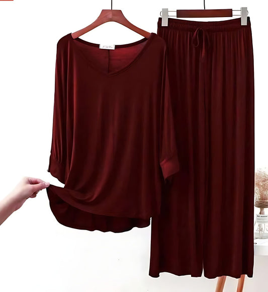 Maroon Plain Palazo Night Suit