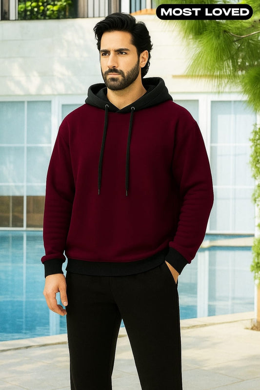 Maroon With Black Basic Kangaroo Hoodie