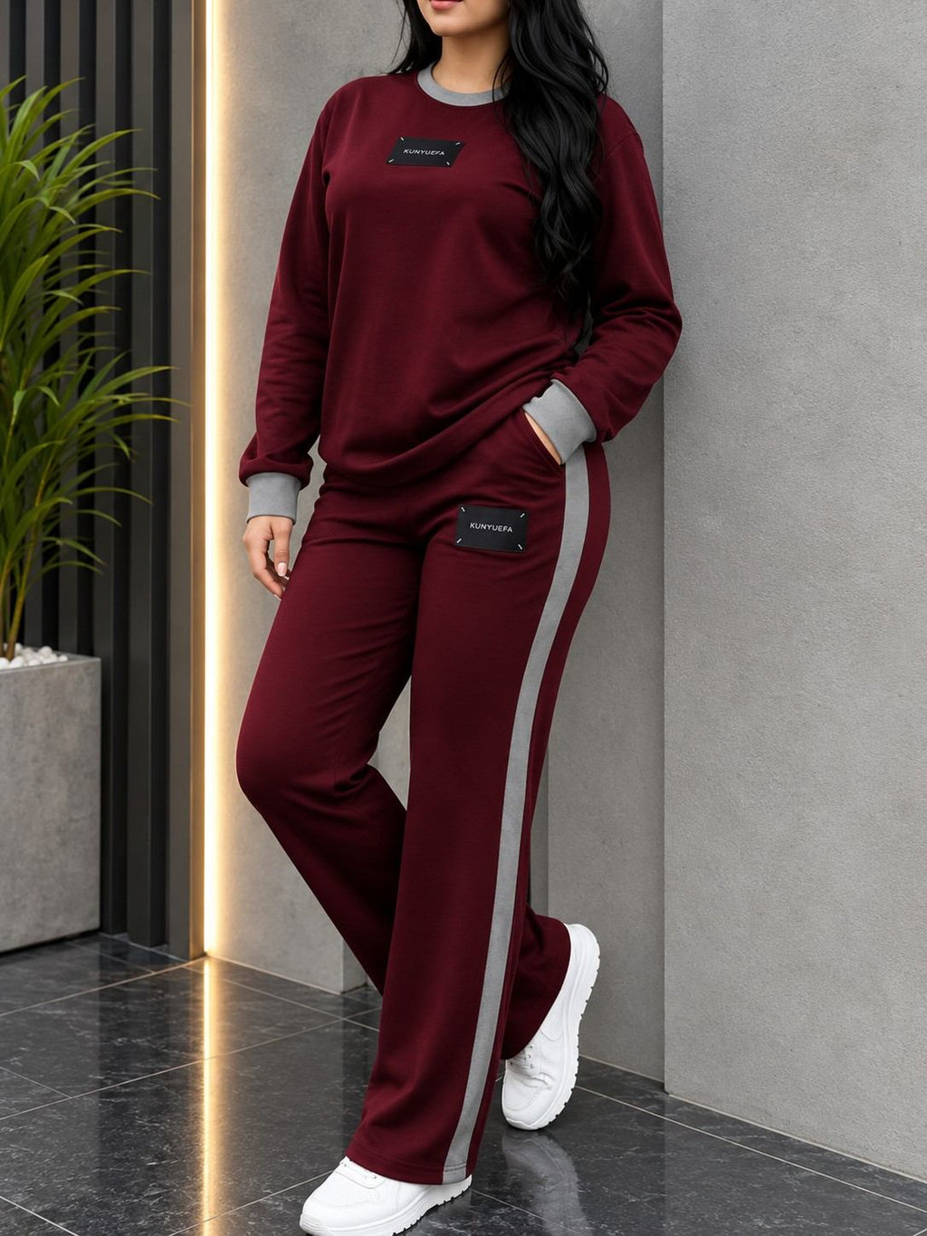 Maroon Elegant Round Neck Fleece Winter Co-Ord Set