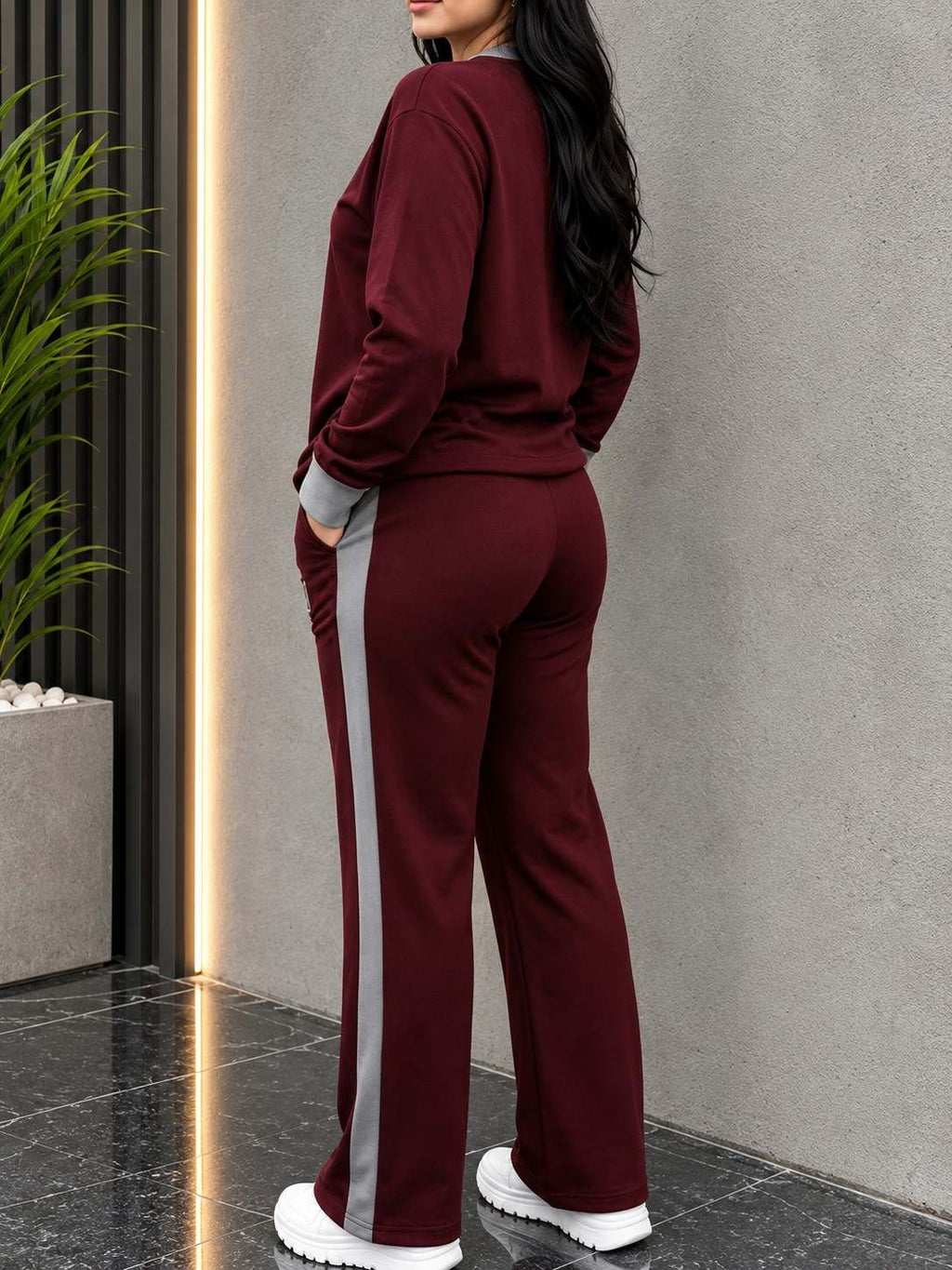 Maroon Elegant Round Neck Fleece Winter Co-Ord Set
