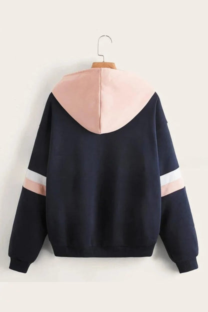 Navy Blue with Pink and White Stripes Zipper Hoodie