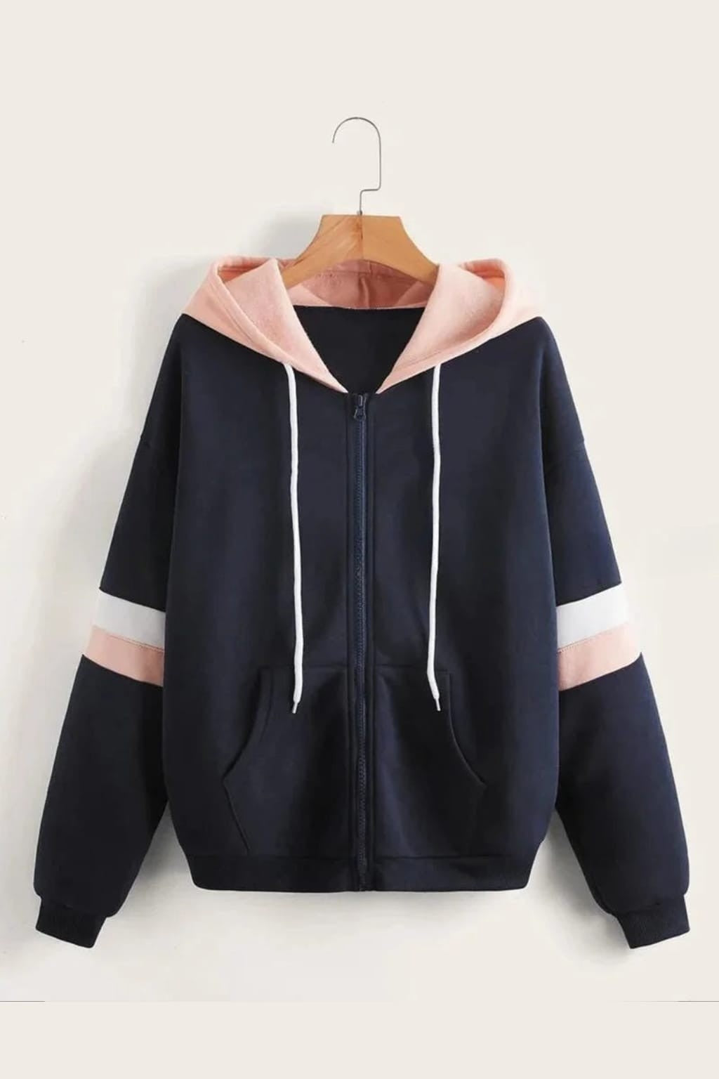 Navy Blue with Pink and White Stripes Zipper Hoodie