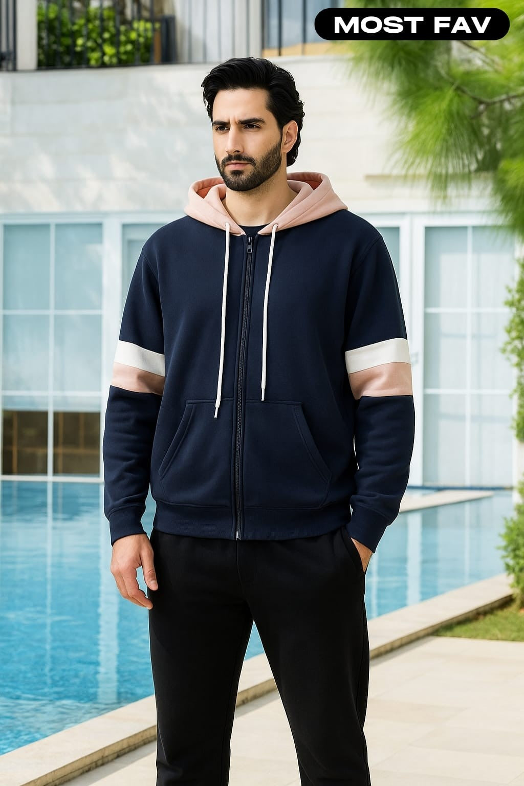 Navy Blue with Pink and White Stripes Zipper Hoodie