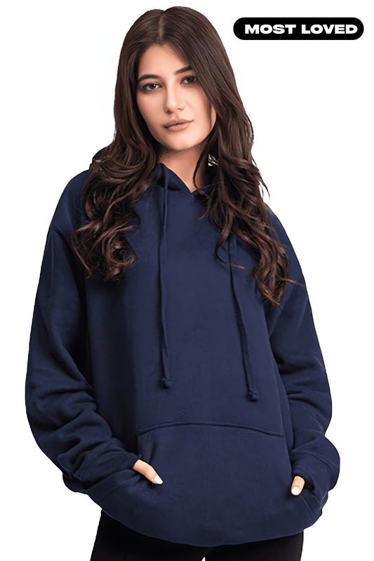 Navy Blue Basic Kangaroo Hoodie for Women