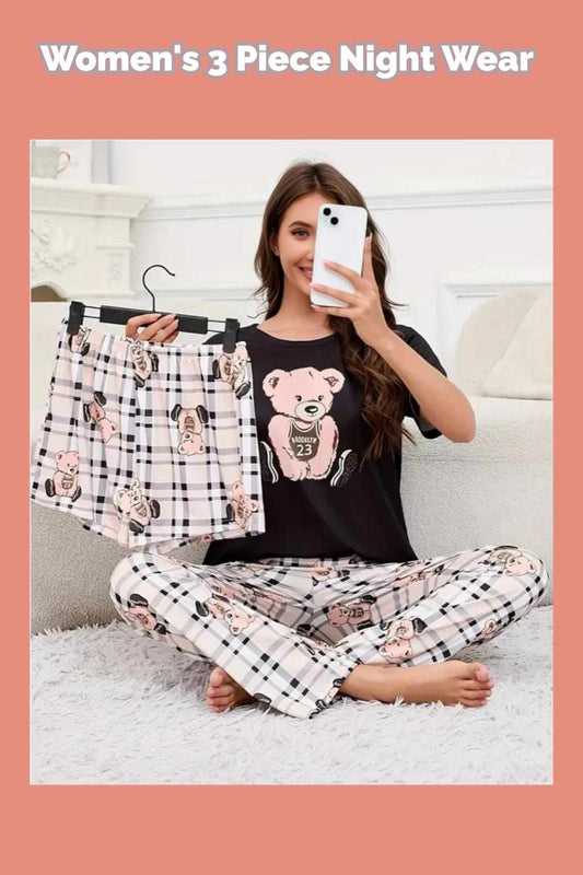 3 Piece Printed Night Suit Check Panda