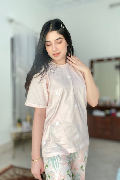 Peach Pajama Printed Night Suit