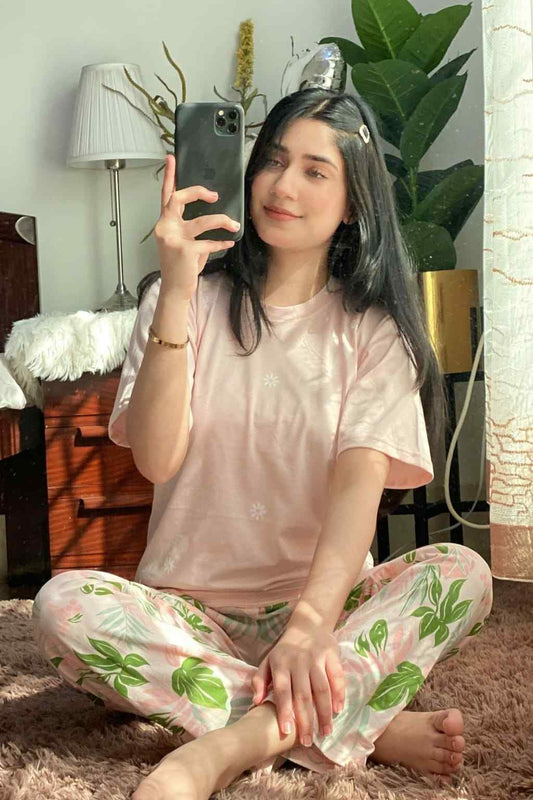 Peach Pajama Printed Night Suit
