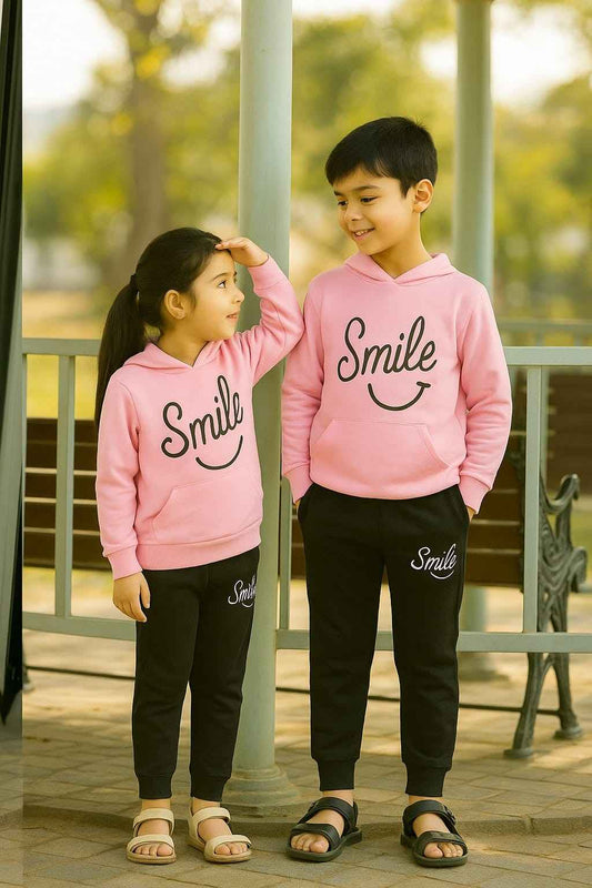 Pink Smiley Printed Hoodie With Trouser For Kids