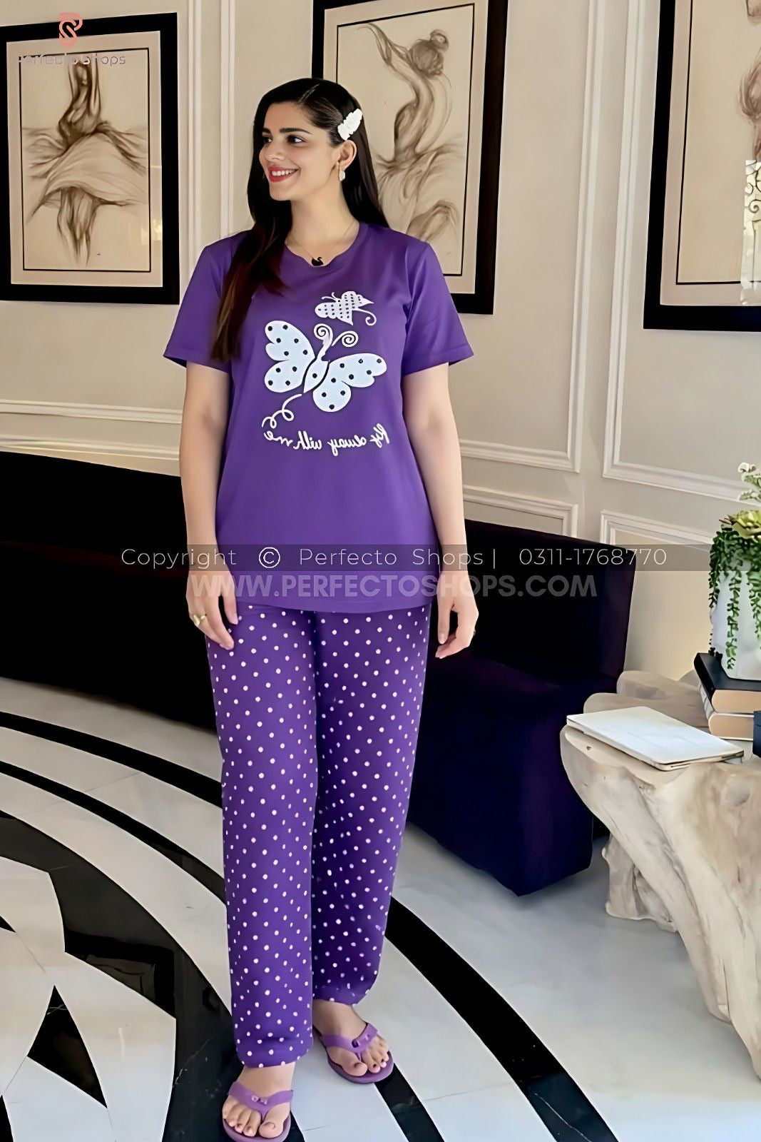 Purple Butterfly Printed Night Suit