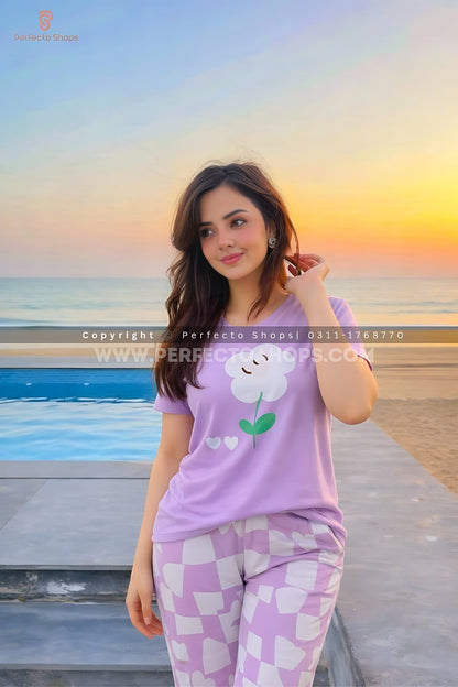 Purple Flower Printed Night Suit