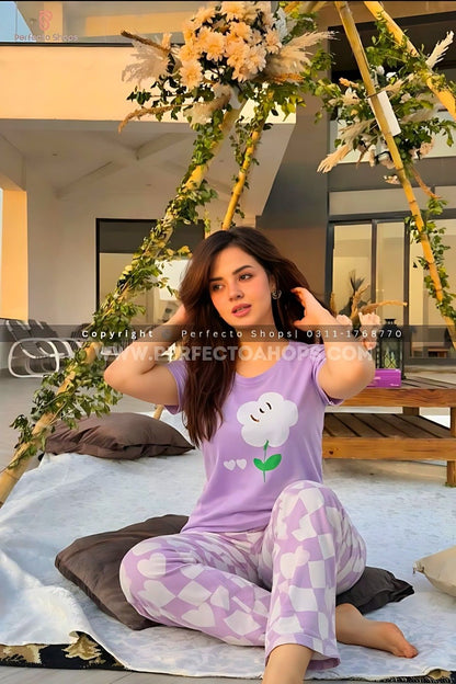 Purple Flower Printed Night Suit