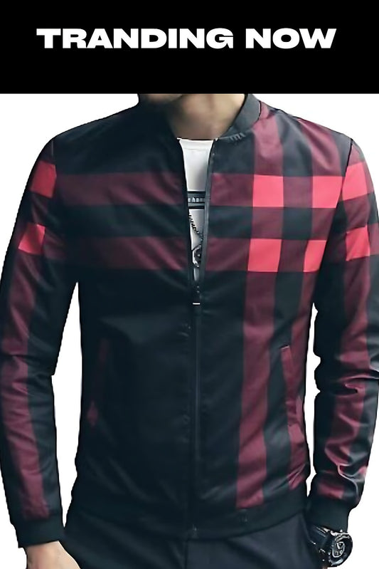 Red Checkered Printed Zipper Jacket