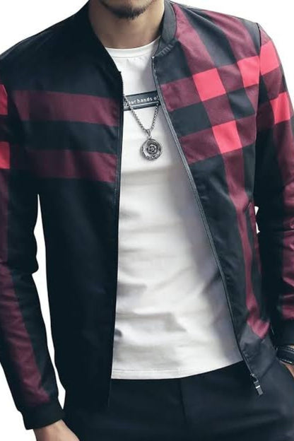 Red Checkered Printed Zipper Jacket