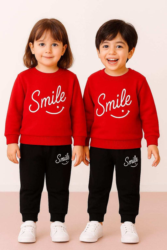 Red Smiley Printed Hoodie With Trouser For Kids