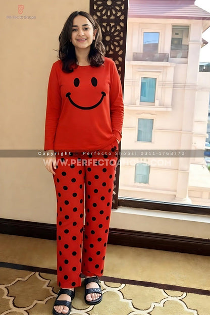 Red Smiley Printed Night Suit