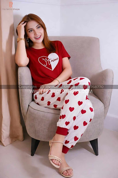 Red heart Printed Night Suit