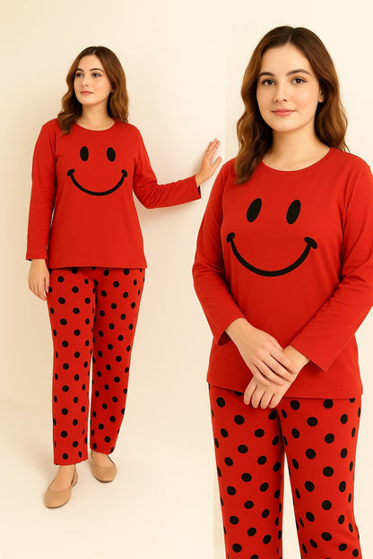 Red Smiley Printed Night Suit