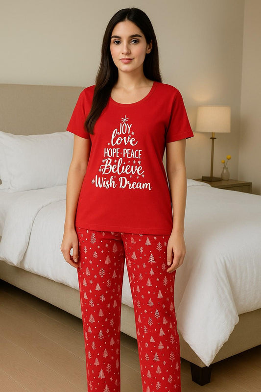 Red Typographic Printed Night Suit