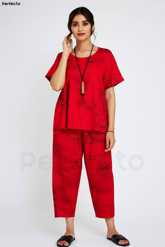 Ring Red Printed Capri Night Suit