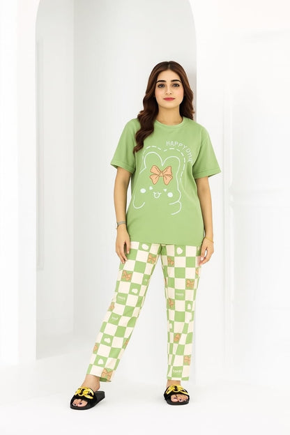 Round Neck Pullover Rabbit Bow Printed  Night Suit