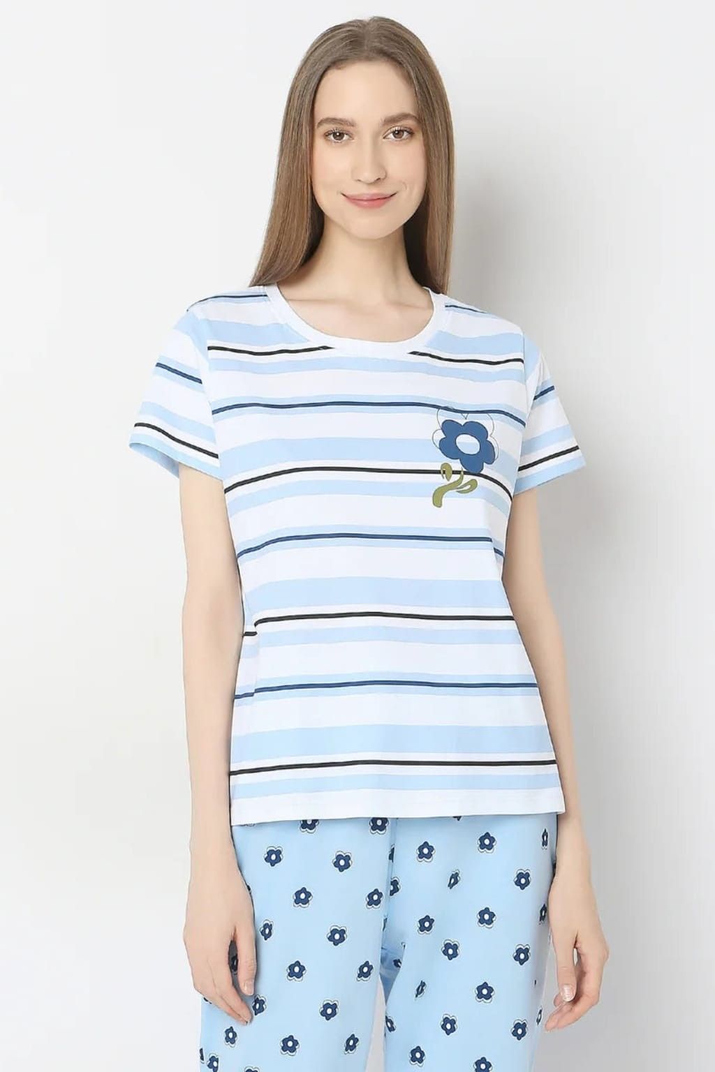 Sky Blue Lilly Printed Night Suit