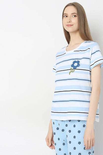 Sky Blue Lilly Printed Night Suit