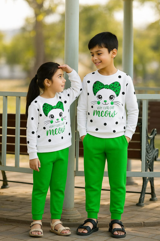 White Meow Printed Sweatshirt With Trouser For Kids