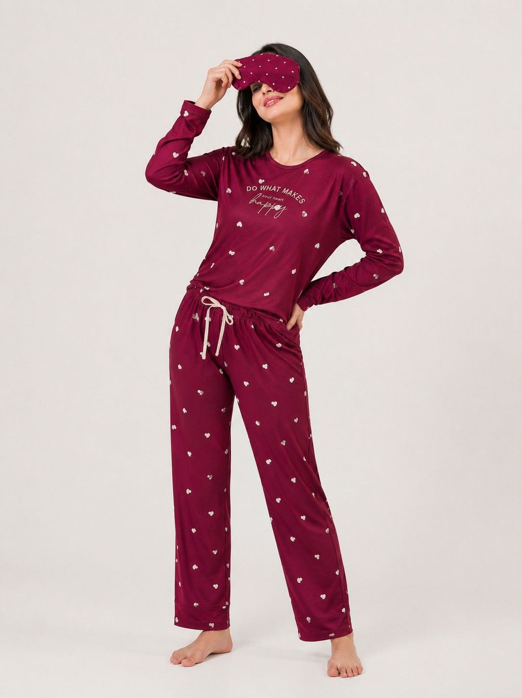 Wine Heart Print Pajama & Eye Mask PJ Set