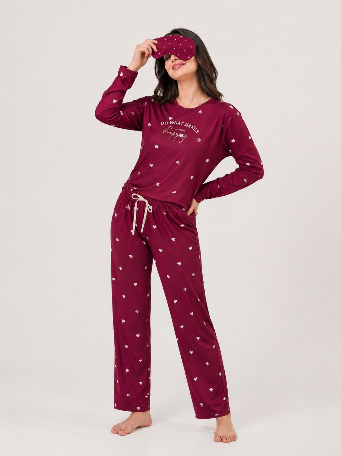 Wine Heart Print Pajama & Eye Mask PJ Set