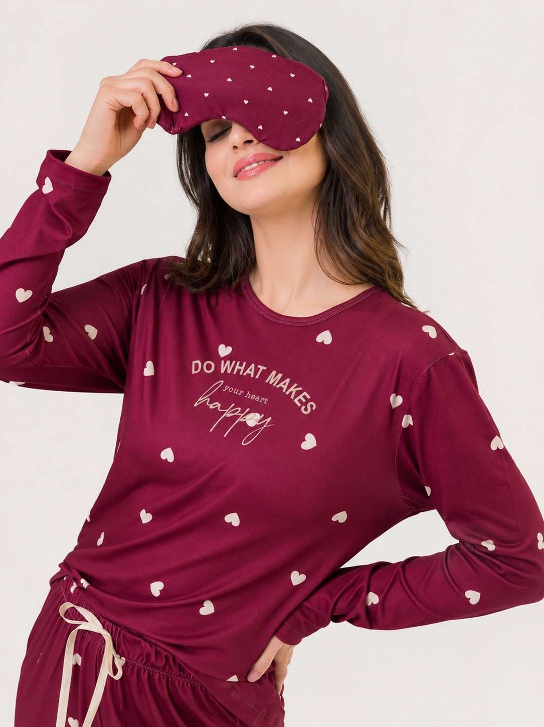 Wine Heart Print Pajama & Eye Mask PJ Set