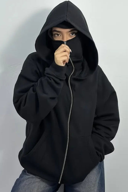 Women Balaclava Ninja Zipper Hoodie Jacket