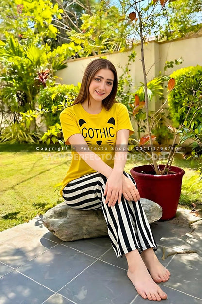 Yellow Gothic Printed Night Suit