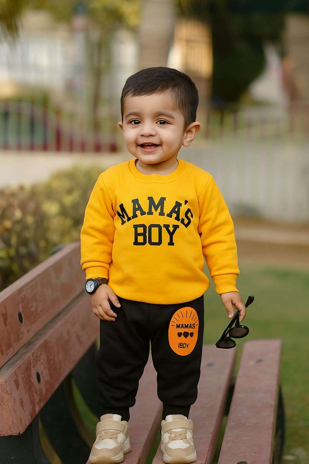Yellow Mama's Boy Printed Sweatshirt With Trouser For Kids