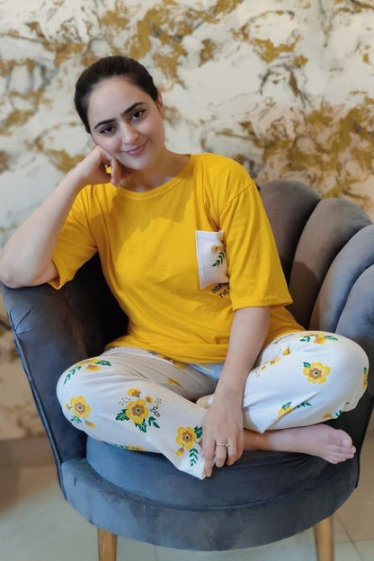 Yellow Pocket Printed Night Suit