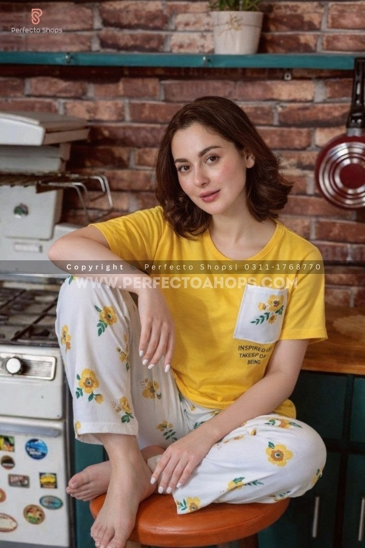Yellow Pocket Printed Night Suit