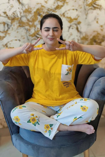 Yellow Pocket Printed Night Suit