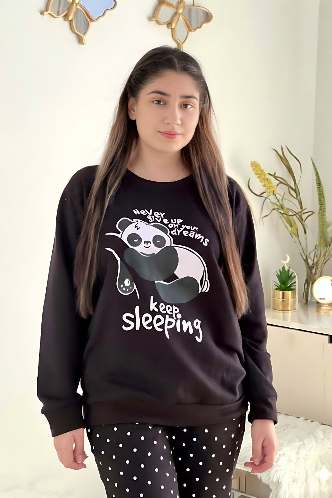 Winter Black Never Give Up Printed Night Suit