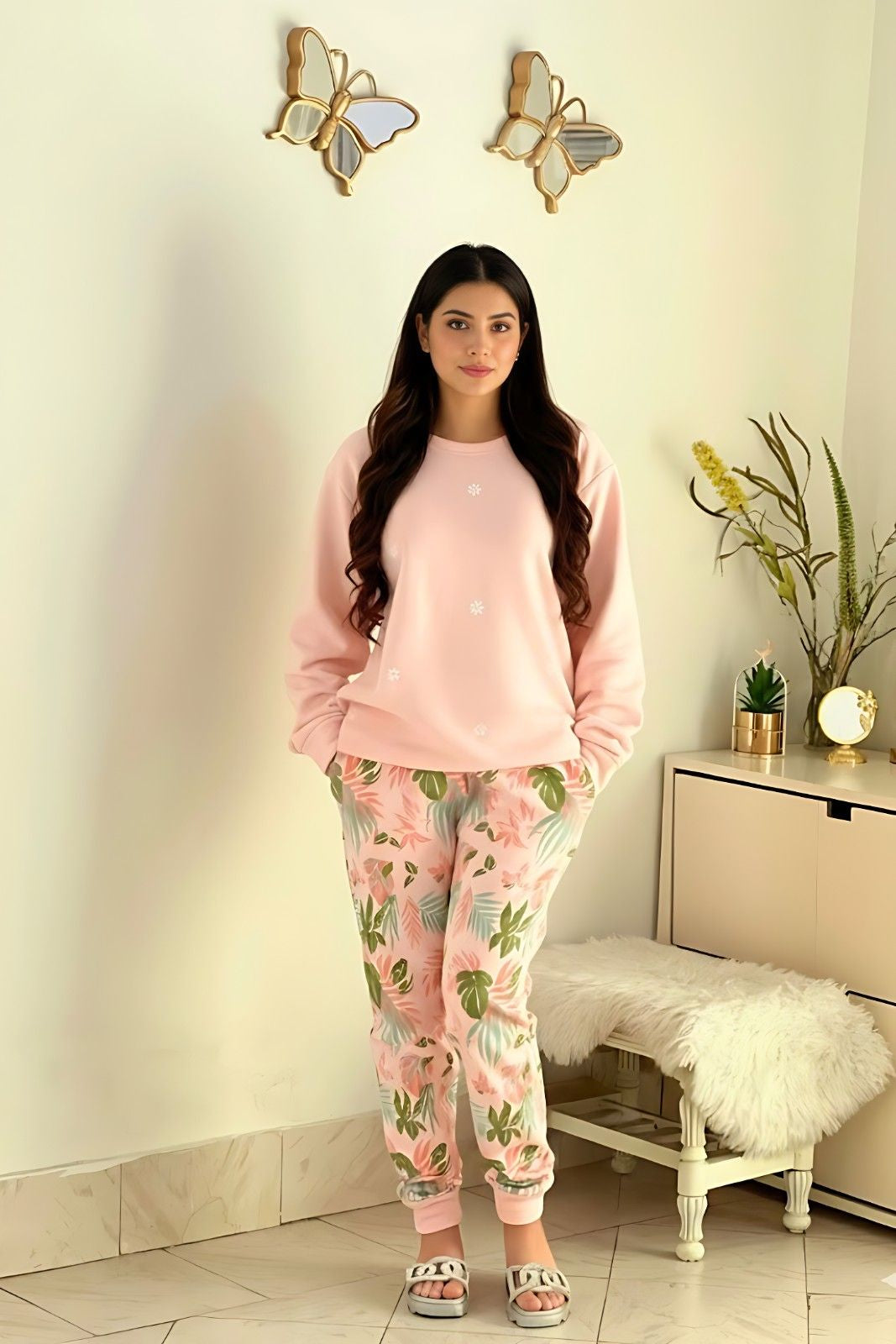 Winter Peach Pajama Printed Night Suit