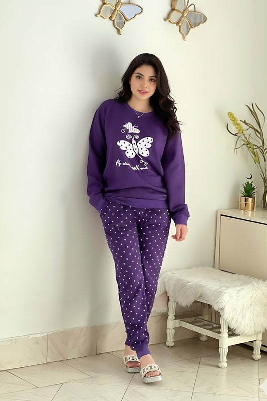 Winter Purple Butterfly Printed Night Suit