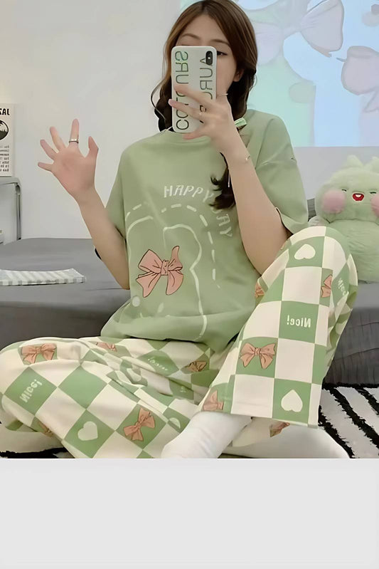 Olive Green Printed Night Suit