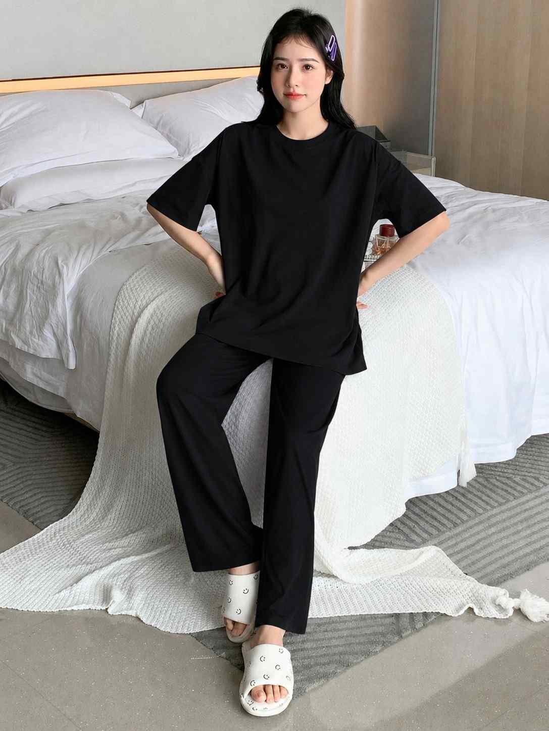 Black Plain Basic Stylish Pj Set