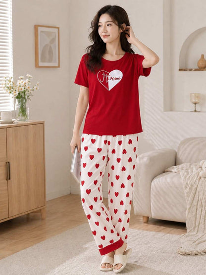 Red heart Printed Night Suit