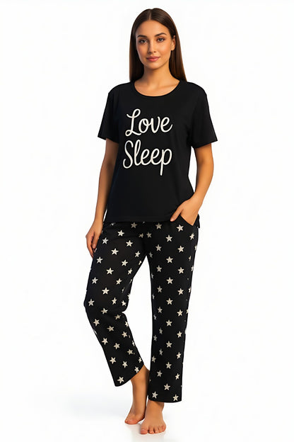 Love Sleep Black Printed Night Suit
