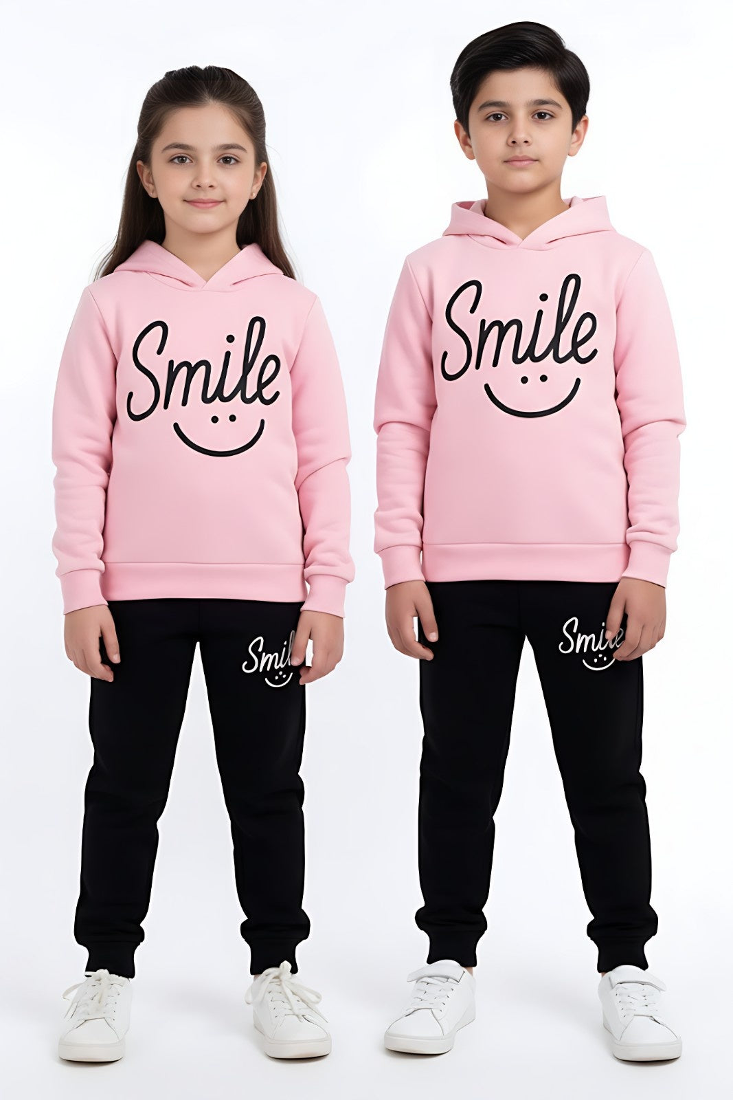 Pink Smiley Printed Hoodie With Trouser For Kids