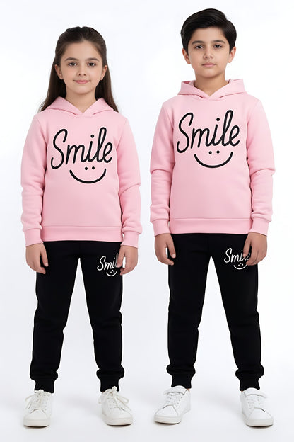 Pink Smiley Printed Hoodie With Trouser For Kids